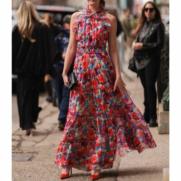 PATBO Violet Floral Flutter Halter Style Maxi Dress Size US 8 Cherry - Picture 12 of 15